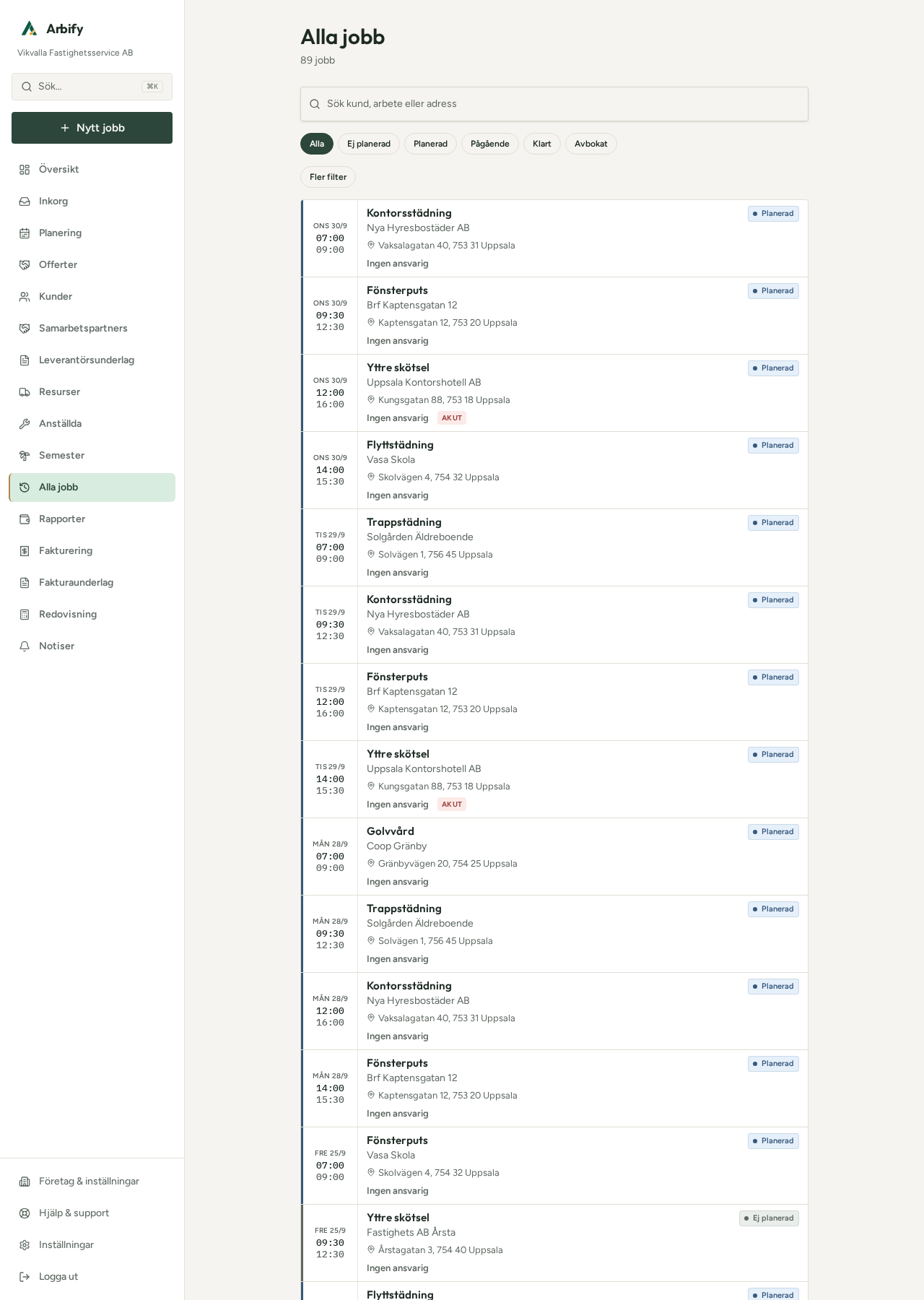 Arbifys sökbara lista med arbetsorder och status